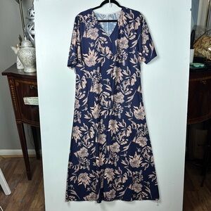 Floral Navy and Pink Women's Maxi Dress Sz M No Brand Raglan Sleeves V Neck